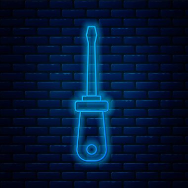 Parlayan neon hattı tornavida simgesi tuğla duvar arka planında izole edildi. Servis aracı sembolü. Vektör