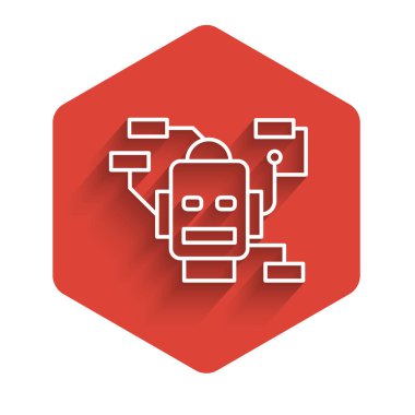 Beyaz çizgi robot simgesi uzun gölgeli izole edilmiş. Yapay zeka, makine öğrenme, bulut hesaplama. Kırmızı altıgen düğmesi. Vektör