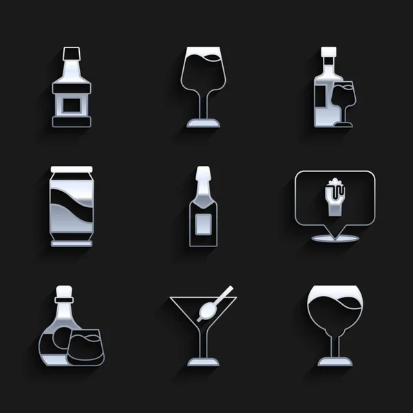 Set bouteille de champagne, verre Martini, vin, alcool ou bière bar emplacement, Whisky et, peut de bière, avec et icône. Vecteur — Image vectorielle