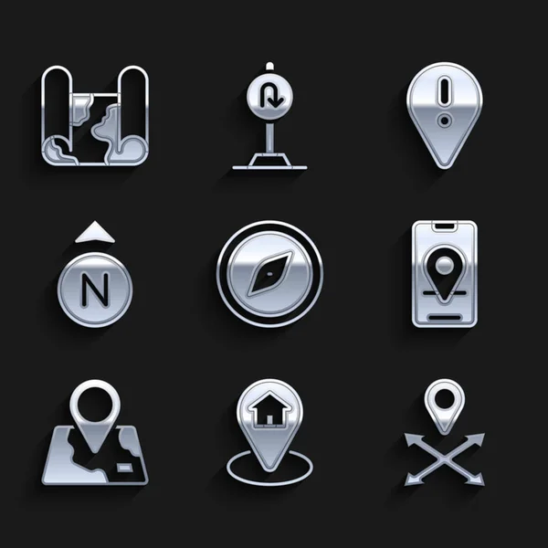 Set Kompass, Standort mit Haus, Stadtplan-Navigation, gefaltete Ortsmarkierung, Ausrufezeichen und Symbol. Vektor — Stockvektor