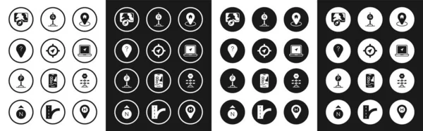 Emplacement de l'ensemble avec maison, Boussole, Point d'itinéraire inconnu, Plan de ville navigation, Indicateur de position de l'ordinateur portable, Retourner au panneau de signalisation, barrière routière et icône de stationnement. Vecteur — Image vectorielle