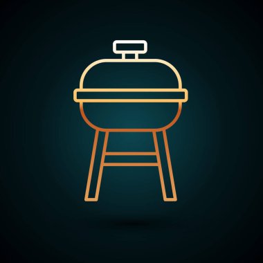 Altın çizgili ızgara ikonu koyu mavi arka planda izole edilmiş. Barbekü ızgara partisi. Vektör