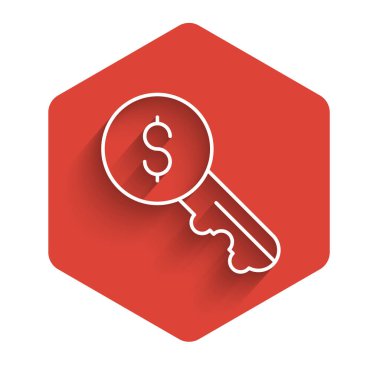 Beyaz çizgi Kiralama anahtar simgesi uzun gölge arkaplanı ile izole. Ev anahtarının konsepti. Kırmızı altıgen düğmesi. Vektör