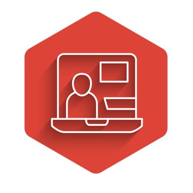 Beyaz çizgi Dünya haber simgesi uzun gölge arkaplan izole. Flaş haber, dünya haber kanalı. Kırmızı altıgen düğmesi. Vektör