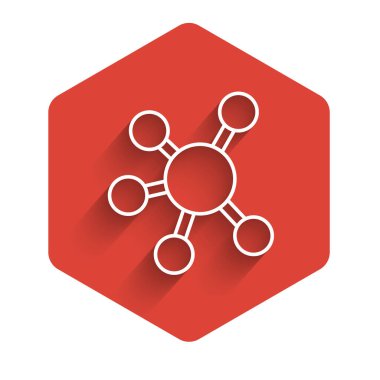 Beyaz çizgi Proje ekibi üs simgesi uzun gölge arkaplanı ile izole edildi. İş analizi ve planlama, danışmanlık, takım çalışması, proje yönetimi. Kırmızı altıgen düğmesi. Vektör