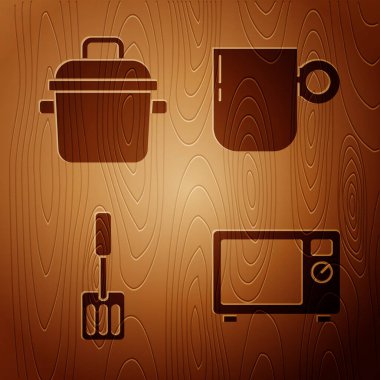 Mikrodalga fırın, tencere, Spatula ve kahve fincanını ahşap zemine yerleştir. Vektör