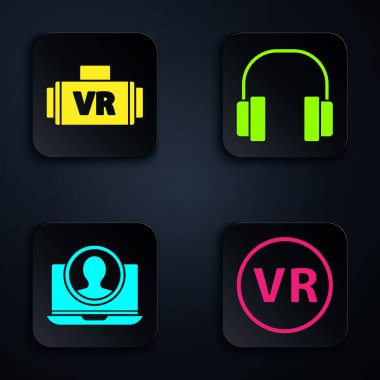 Sanal gerçeklik gözlükleri, sanal gerçeklik gözlükleri, hesap ekranı ve kulaklıkları ayarla. Siyah kare düğme. Vektör