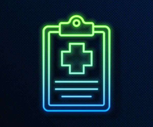 Linha de néon brilhante Área de transferência médica com ícone de registro clínico isolado em fundo azul. Prescrição, relatório de marcas médicas. Vetor — Vetor de Stock
