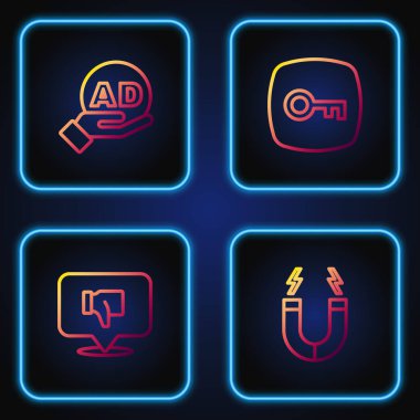 Satır mıknatısı, konuşma balonunda nefret, reklam ve anahtar ayarlayın. Renk simgeleri. Vektör