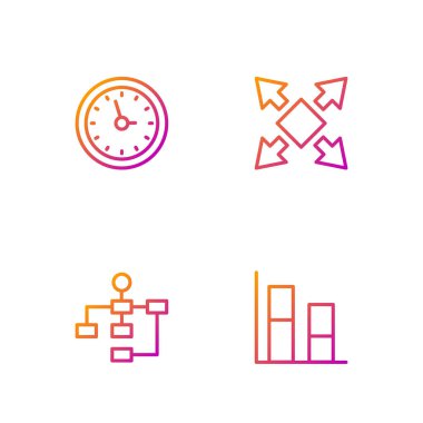 Çizgi, grafik, diyagram, hiyerarşi organogramı, saat ve birçok yön oku ayarla. Renk simgeleri. Vektör