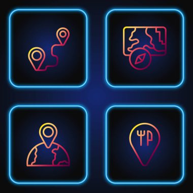 Cafe ve restoran, dünyanın konumu, güzergah ve şehir haritası navigasyonu. Renk simgeleri. Vektör