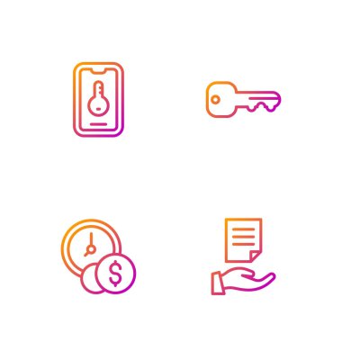 Set hattı House sözleşmesi, zaman para, online gayrimenkul ve anahtar. Renk simgeleri. Vektör