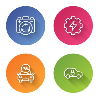 Bataryayı geri dönüşüm sembolü, vites ve şimşek, Eko araba ve elektrik ile ayarla. Renkli daire düğmesi. Vektör