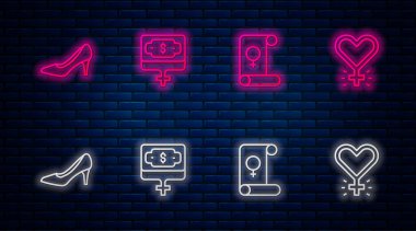 Para yetiştiren kadın, feminizm, kadın ayakkabısı ve... Tuğla duvarda parlayan neon simgesi. Vektör