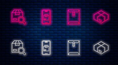 Satır Mobil uygulama dağıtım takibini, Zarfı, Arama paketini ve karton kutuyu ayarla. Tuğla duvarda parlayan neon simgesi. Vektör
