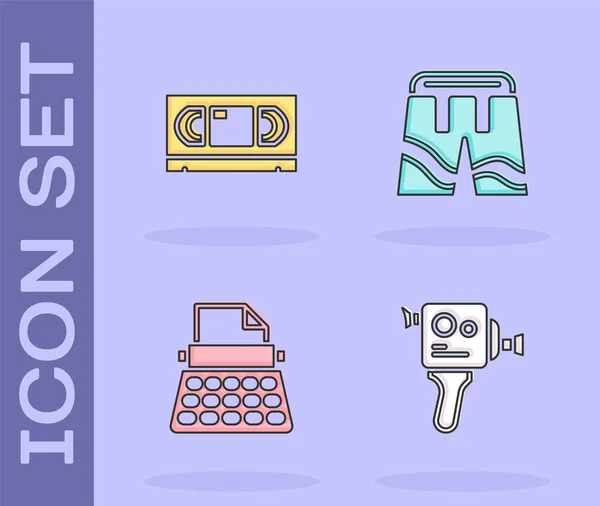 Set Retro cinema camera, VHS video cassette tape, typewriter and Short or pants icon. Vector — Stock Vector