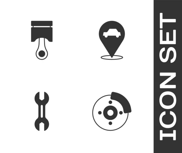 Conjunto de disco de freno de coche con pinza, pistón del motor, llave inglesa y la ubicación icono de servicio del coche. Vector — Archivo Imágenes Vectoriales