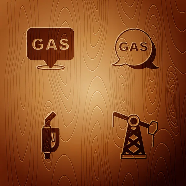 Ställ Oljepump eller pump jack, Plats och bensinstation, Bensin munstycke och på trä bakgrund. Vektor — Stock vektor