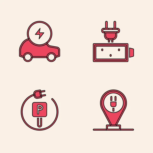 Set Charging Parkplatz Elektroauto, Elektro, Batterieladung und Symbol. Vektor — Stockvektor