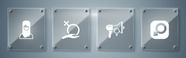 Impostare il sesso maschile, attivista femminista, hijab donna femminile e musulmana. Pannelli di vetro quadrati. Vettore — Vettoriale Stock
