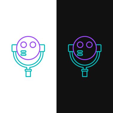 Beyaz ve siyah arkaplanda izole edilmiş çizgi turist dürbünü simgesi. Gözlem güvertesinde turistler için dürbün teleskobu. Renkli taslak konsepti. Vektör.