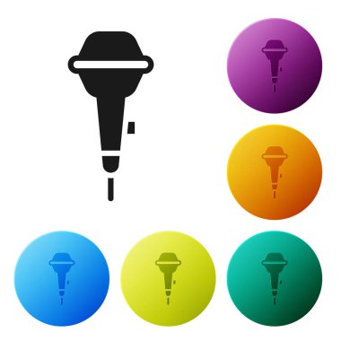 Beyaz arkaplanda siyah mikrofon simgesi izole edildi. Radyodaki mikrofondan. Sözcü işareti. Simgeleri renk daire düğmelerine ayarla. Vektör.