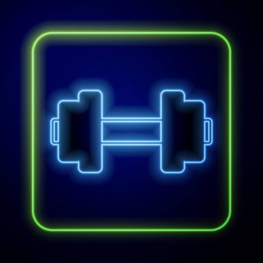 Parlayan neon renkli Dumbbell simgesi mavi arkaplanda izole edildi. Kas kaldırma ikonu, fitness halteri, spor aletleri, egzersiz yaban domuzu. Vektör.