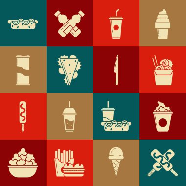 Dondurmalı patlamış mısırı karton kutu Asya erişteli erişte kağıdına ve çubuklu bardağa koy. Yanında da saman suyuyla Sandviç Soda konserveli Hotdog sandviç hardalı ve Bıçak ikonu iç. Vektör.