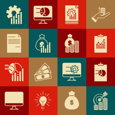 Hedefi bozuk para sembolü Pano Grafik Çizelgesi Para çantası ve diyagram Pie bilgi simgesi ve simgesi ile ayarla. Vektör.