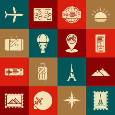 Posta pulu ve Eiffel akıllı telefonu seyahat çıkartmaları için Airline Hot balon bavulu uçak bileti ve harita işaretçisi Mısır piramit simgesiyle ayarla. Vektör.