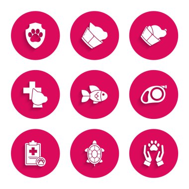 Balık Kaplumbağa Eller 'i hayvan ayak izli, geri çekilebilir halat karabinası Clipboard tıbbi kayıt evcil hayvan veterineri sembolü ve hayvan sağlığı sigortası ikonu ile ayarla. Vektör.