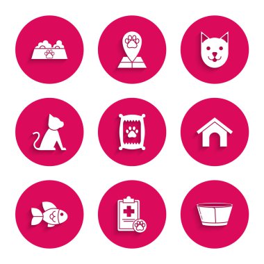 Köpek panosu için bir torba yiyecek hazırla. Tıbbi kayıt evcil hayvan barınağı, köpek tasması, ev hayvanı, kedi ve evcil kedi ikonu. Vektör.