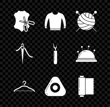 Makas ve deri iplik yumağı örgü iğneleri, elbise askısı, tebeşir kumaş rulosu dikiş ipliği ve kesme aleti ikonu. Vektör.