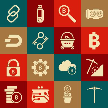 Kazma Kripto para bulutu madencilik madeni para bulma büyütecini anahtar Dash Chain linki ve alışveriş sepeti bitcoin ikonu ile ayarla. Vektör.