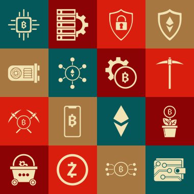 Kripto para birimi cüzdanı bitcoin fabrikasını kilit zincir teknolojisi Ethereum ETH Madencilik CPU madencilik ve ikonuyla birlikte kazma kalkanı güvenliğine ayarla. Vektör.