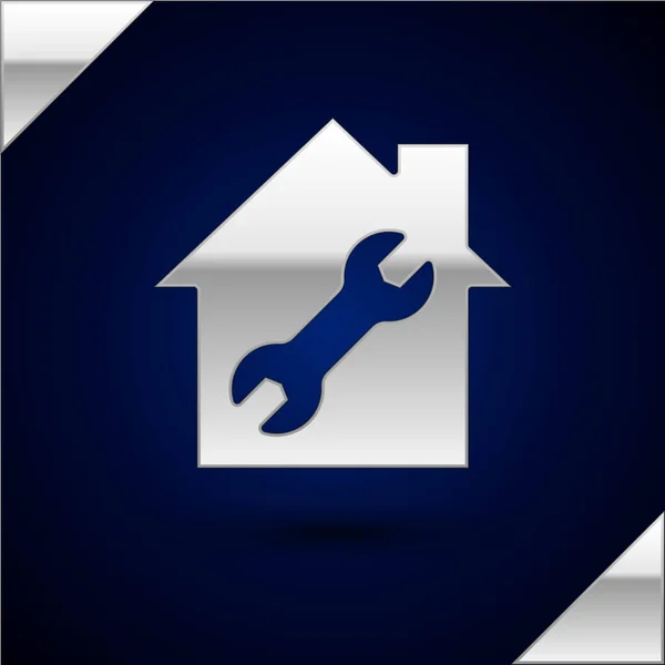 Silver House Home Wrench Icon Isolated Dark Blue Background Adjusting — Stock Vector