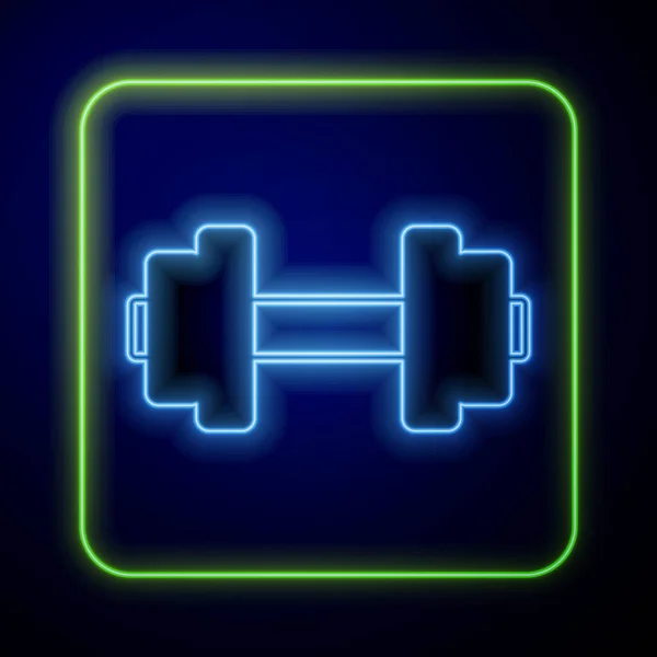 青の背景に単離されたネオンダンベルアイコンを光る 筋肉のリフティングアイコン フィットネスバー スポーツ用品 運動のバンベル ベクトル — ストックベクタ