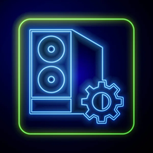 在蓝色背景上孤立的计算机设置图标的明亮的霓虹灯箱 计算机服务器 工作站 — 图库矢量图片