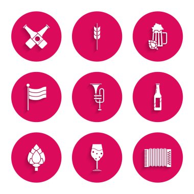 Müzikal enstrüman trompeti bir bardak bira akordeon bira şişesi Hop Ulusal Almanya bayrağı ve hop ve çapraz ikon. Vektör.