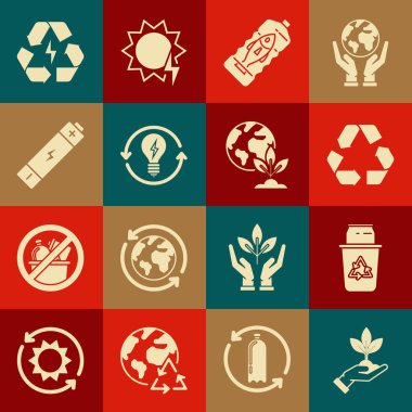 Çevre koruma kutusuna geri dönüşüm sembolü ile bitki yerleştirmek okyanus plastik kirliliği ampul ampulünü ve Dünya 'daki bitki ikonunu durdurabilir. Vektör.