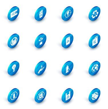 Geri dönüşüm kutusunu geri dönüşüm sembolü ve ampul aydınlatma pili ile ayarla. Plastik poşetlere hayır de. Işık fabrikası şişe biyo yakıt kutusu ve teneke ikona hayır de. Vektör.