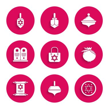 İçinde David Hanuka dreidel Yahudi sikkesi Nar Tombstone ve ikonu olan bir alışveriş çantası hazırla. Vektör.