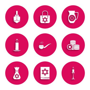 Tütsüleme piposunu tüten Yahudi torah kitabıyla, mum yakma, para çantası, David Decanter ve Hanukah dreidel ikonu yıldızı. Vektör.