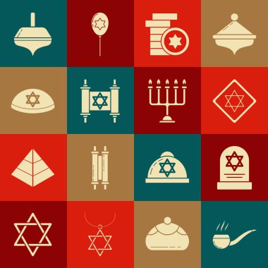 Smoking piposunu dumanlı Tombstone yıldızı David 'in Yahudi sikkesi Tevrat parşömeni kippah Hanuka dreidel ve menorah ikonu ile ayarla. Vektör.