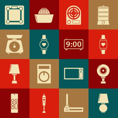Masa lambası web kamerası akıllı saati kalp atışını gösteren elektrikli ısıtıcı ölçeği banyodaki ölçekleri ve dijital alarm saati simgesini ayarla. Vektör.