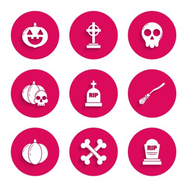 Tombstone 'u RIP ile ayarla çapraz kemikler cadıların süpürgesi, balkabağı, kafatası ve ikon. Vektör.