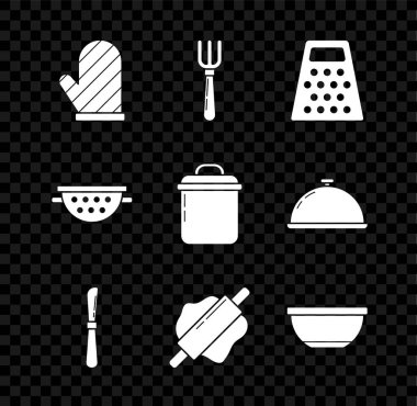 Fırın Eldiveni Çatal Öğütücü Bıçak Yuvarlama Rozeti Mutfak süzgeci ve Pişirme Tenceresi ikonu. Vektör.