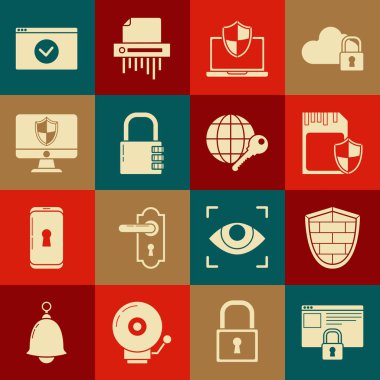 Sitenizi HTTPS SSL Shield siber güvenlik duvarı SD kartı ve kalkan dizüstü bilgisayar korumalı güvenli kilit monitörü ve Globe anahtar simgesi ile güvene alın. Vektör.