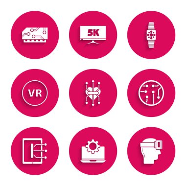 İşlemci dizüstü bilgisayarını ve Sanal gerçeklik gözlükleri Tablet Smartwatch ve RAM rastgele erişim bellek simgesini ayarla. Vektör.