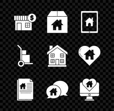 House 'u dolar sembollü karton kutu tabletli ve konuşma balonu monitörü kalp şeklindeki el arabası kutuları ve ev ikonu şeklinde akıllı ev sözleşmeli binayla ayarla. Vektör.